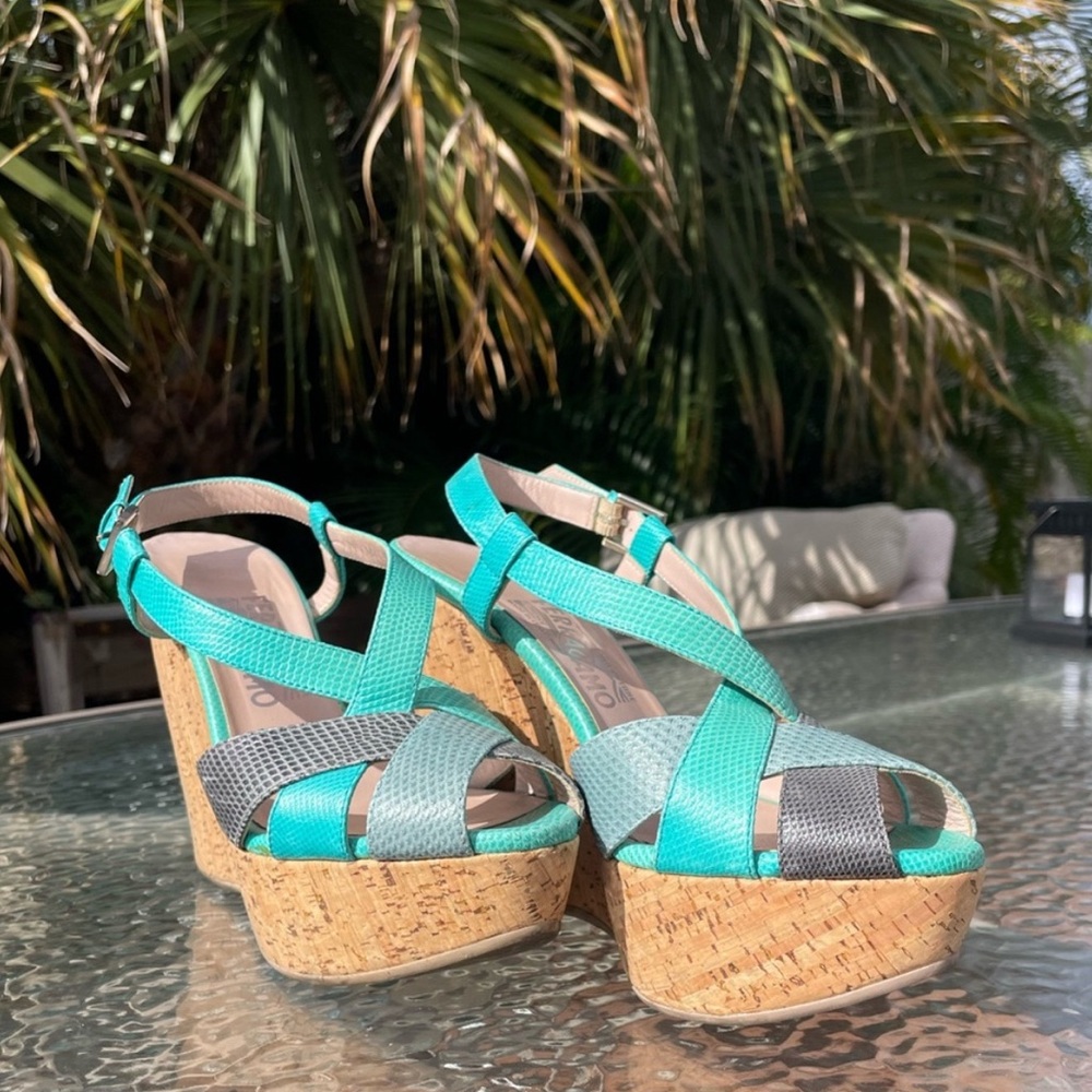 Salvatore Ferragamo Turquoise Platform Wedge Size 8